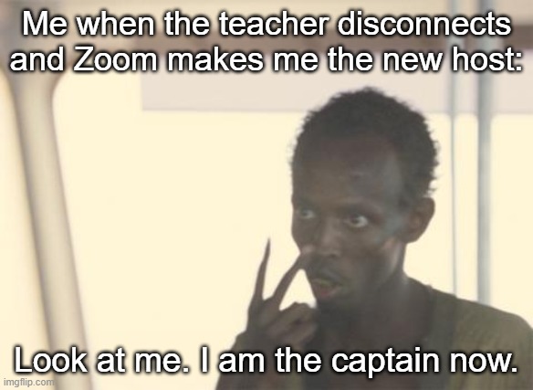 Me when the teacher disconnects and Zoom makes me the new host: /  Look at me. I am the captain now.