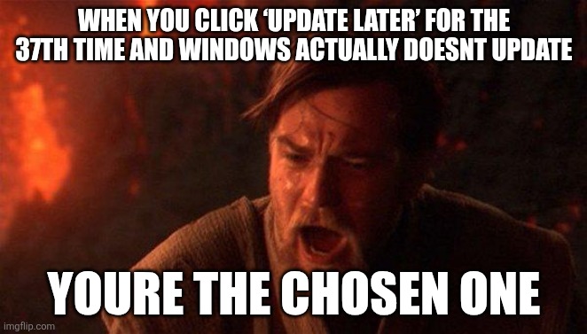WHEN YOU CLICK ‘UPDATE LATER’ FOR THE 37TH TIME AND WINDOWS ACTUALLY DOESNT UPDATE /  YOURE THE CHOSEN ONE