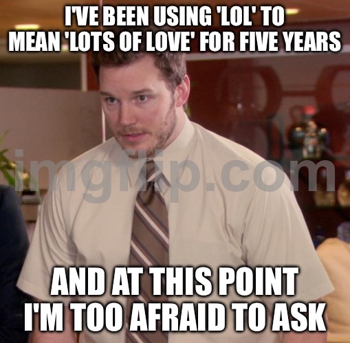 I'VE BEEN USING 'LOL' TO MEAN 'LOTS OF LOVE' FOR FIVE YEARS /  AND AT THIS POINT I'M TOO AFRAID TO ASK