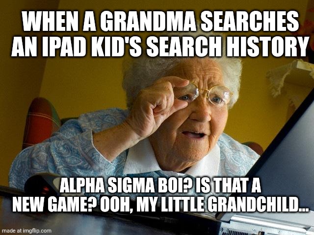 when a grandma searches an ipad kid's search history /  alpha sigma boi? is that a new game? ooh, my little grandchild...