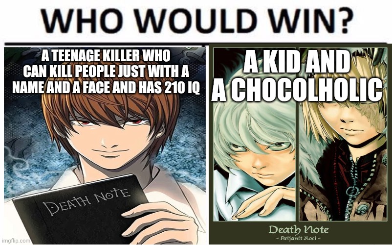 A teenage killer who can kill people just with a name and a face and has 210 iq /  A kid and a chocolholic
