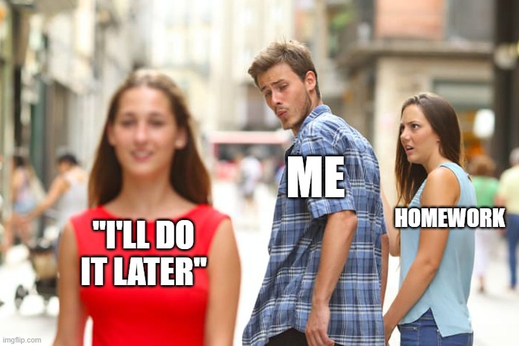 me /  homework /  "I'll do it later"
