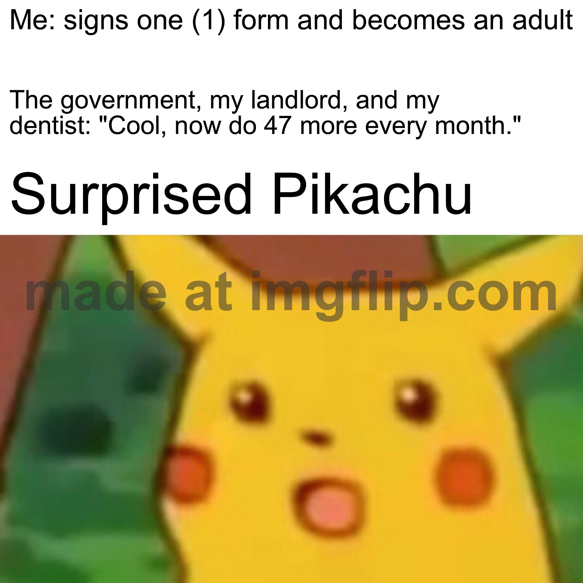 Me: signs one (1) form and becomes an adult / The government, my landlord, and my dentist: "Cool, now do 47 more every month." / Surprised Pikachu