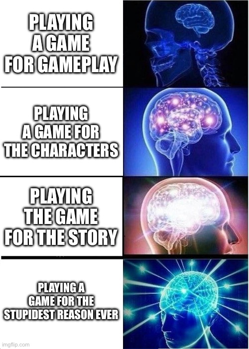 Playing a game for gameplay / Playing a game for the characters / Playing the game for the story / Playing a game for the stupidest reason ever