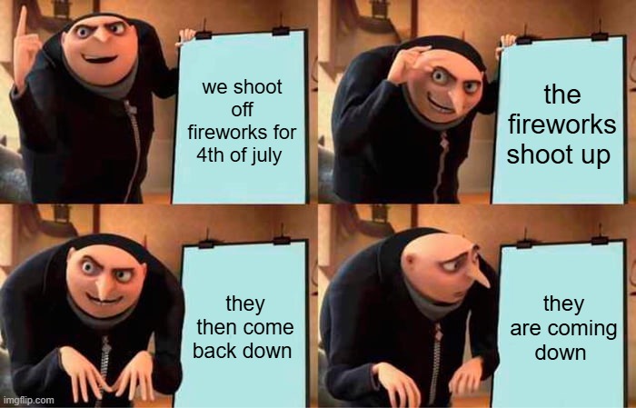 we shoot off fireworks for 4th of july / the fireworks shoot up / they then come back down / they are coming down